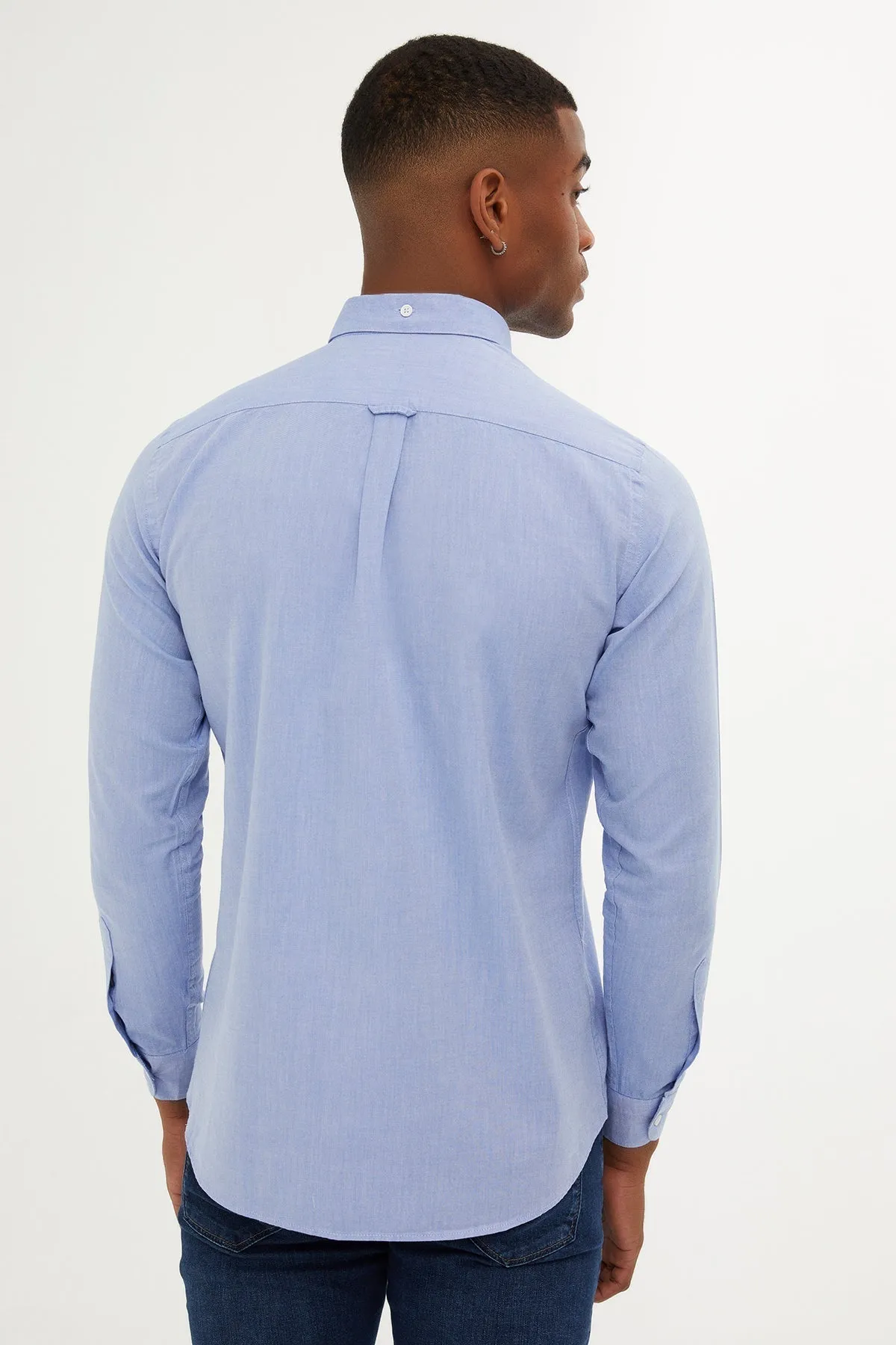 Slim Fit Plain 100% Cotton Blue Casual Shirt