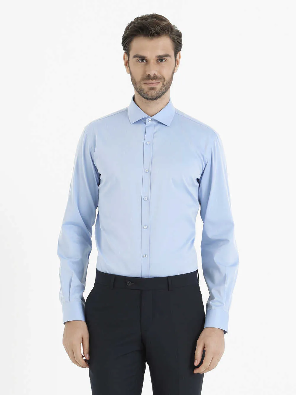 Slim Fit Plain Cotton Blend Light Blue Dress Shirt