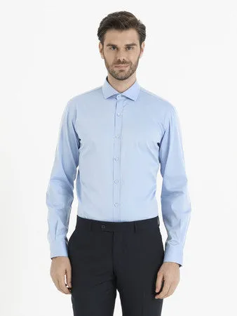 Slim Fit Plain Cotton Blend Light Blue Dress Shirt