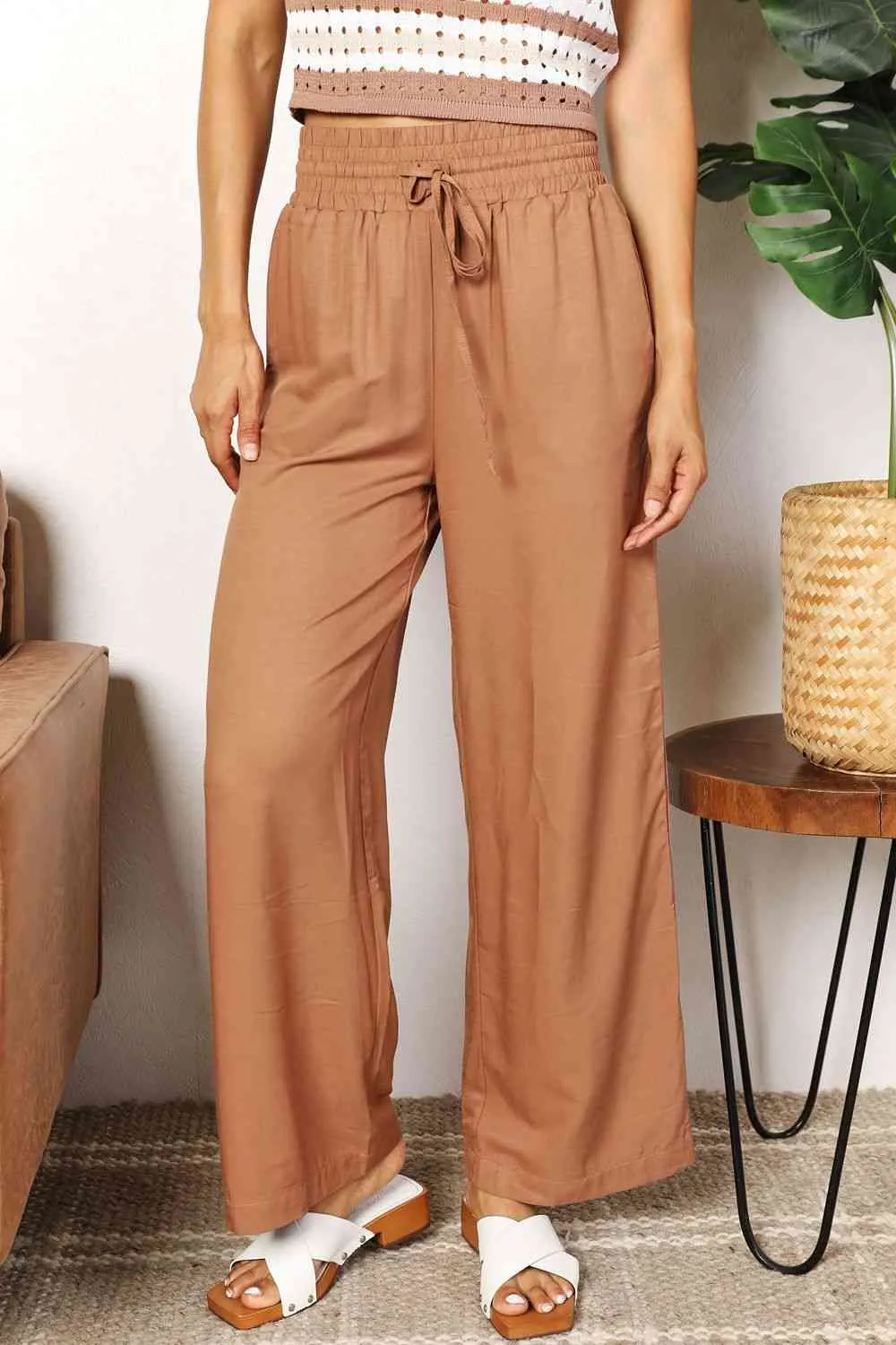 Smocked Drawstring Elastic High Waist Wide Leg Pants (Camel/Black)