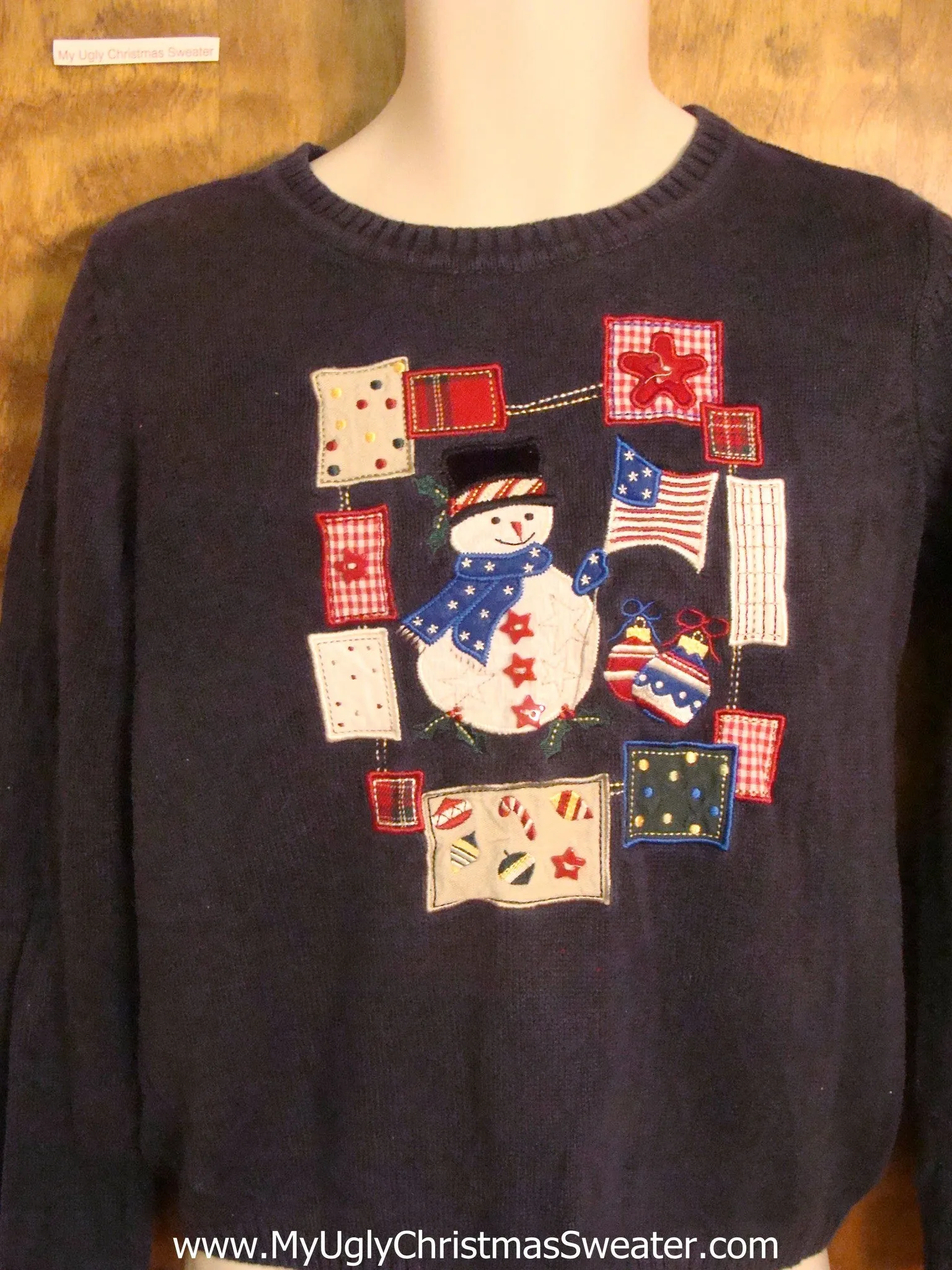 Snowman Waving Flag Tacky Xmas Party Sweater