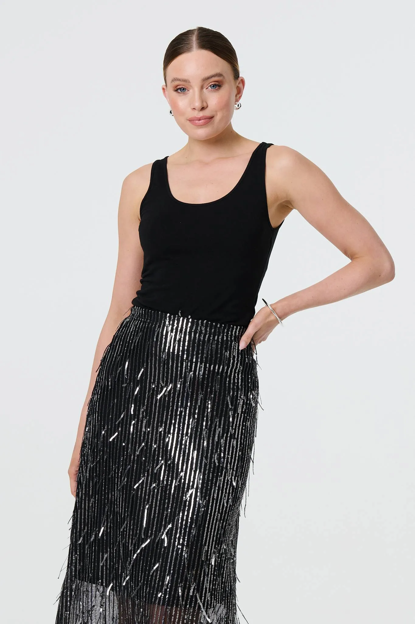 Sparkly Striped Mesh Layer Midi Skirt