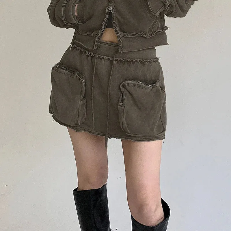 Streetwear Ruched Distressed Cargo Mini Skirt Grunge Cuffs Solid Pockets Y2K Skirt Vintage Outfits Women's Bottoms