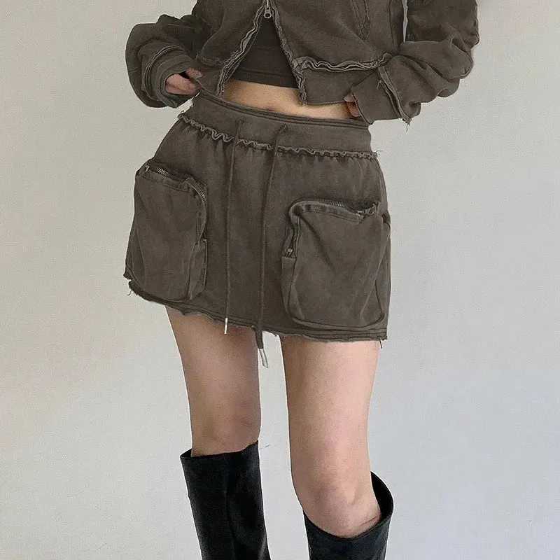 Streetwear Ruched Distressed Cargo Mini Skirt Grunge Cuffs Solid Pockets Y2K Skirt Vintage Outfits Women's Bottoms