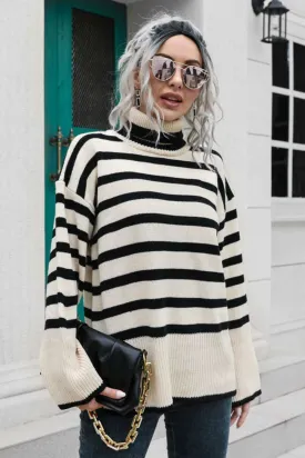 Striped Turtleneck Drop Shoulder Sweater