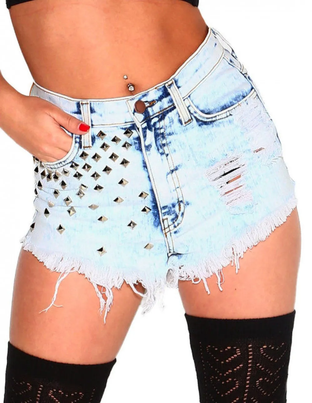 Studded Acid Washed High Waisted Shorts