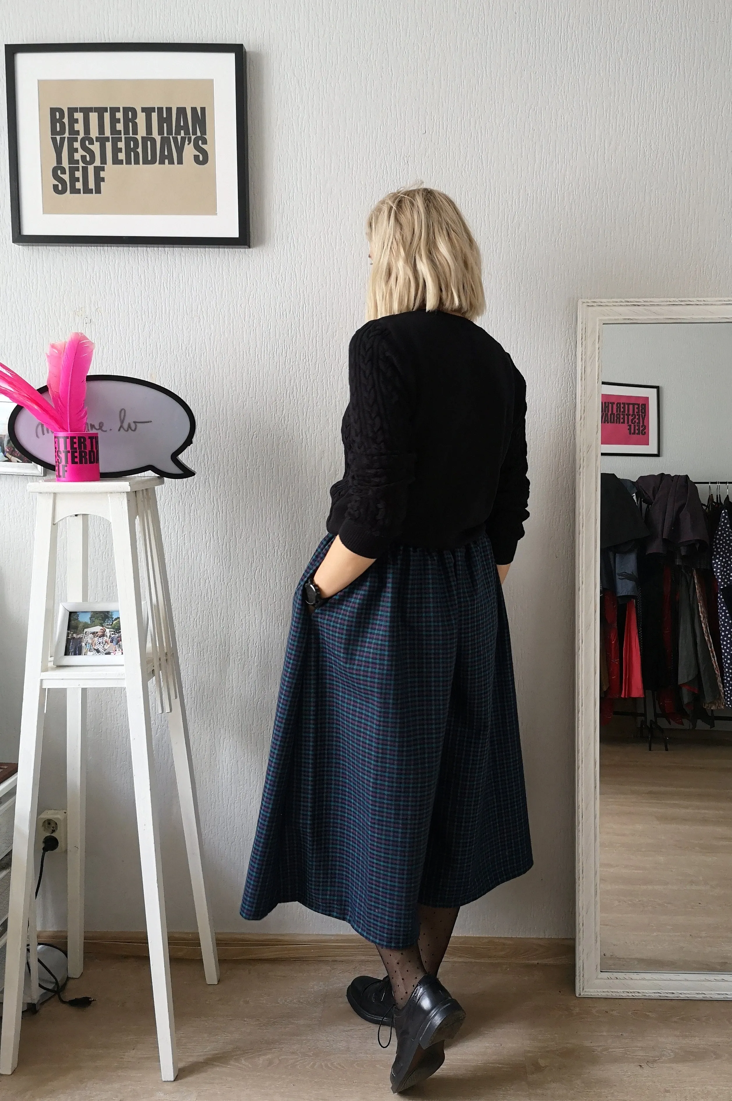 Super Wide One of a Kind Wool Blend Tartan Print in Bright Blue, Pink and Sea Green Tones Culottes