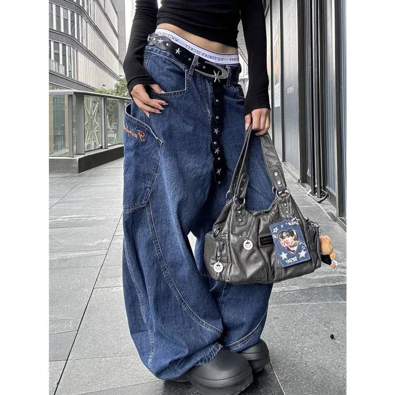 TAVIMART  -  Blue Women's Jeans Hip-hop Fashion Vintage Streetwear Y2K Wide Leg Straight Jean High Waist Trouser Baggy Cargo Denim Pants