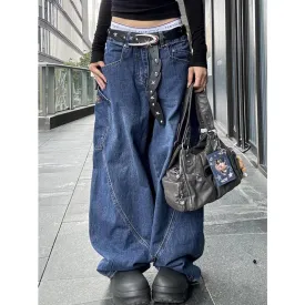 TAVIMART  -  Blue Women's Jeans Hip-hop Fashion Vintage Streetwear Y2K Wide Leg Straight Jean High Waist Trouser Baggy Cargo Denim Pants