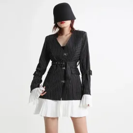 Tunic Patchwork Belt Blazers For Women Notched Collar Long Sleeve Striped Slim Temperament Blazer Female Autumn