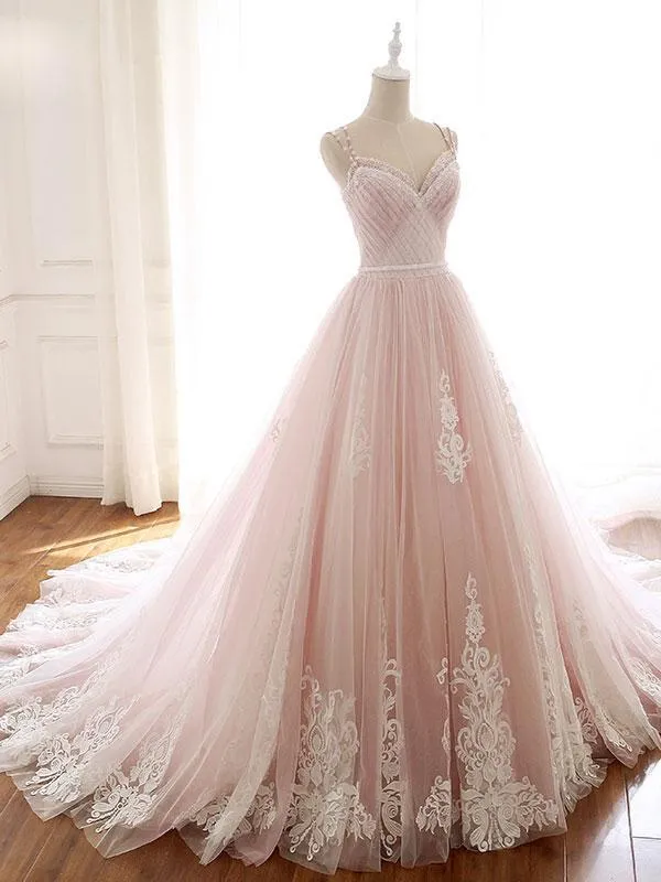 Unique A Line Pink Sweetheart Tulle Spaghetti Straps Long Lace Prom Dresses uk WK219