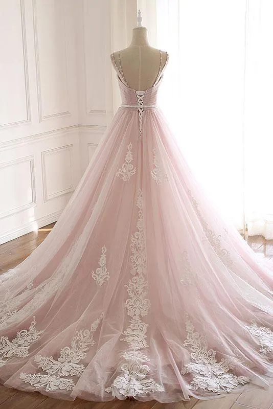 Unique A Line Pink Sweetheart Tulle Spaghetti Straps Long Lace Prom Dresses uk WK219