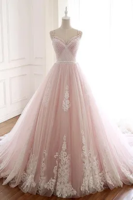 Unique A Line Pink Sweetheart Tulle Spaghetti Straps Long Lace Prom Dresses uk WK219