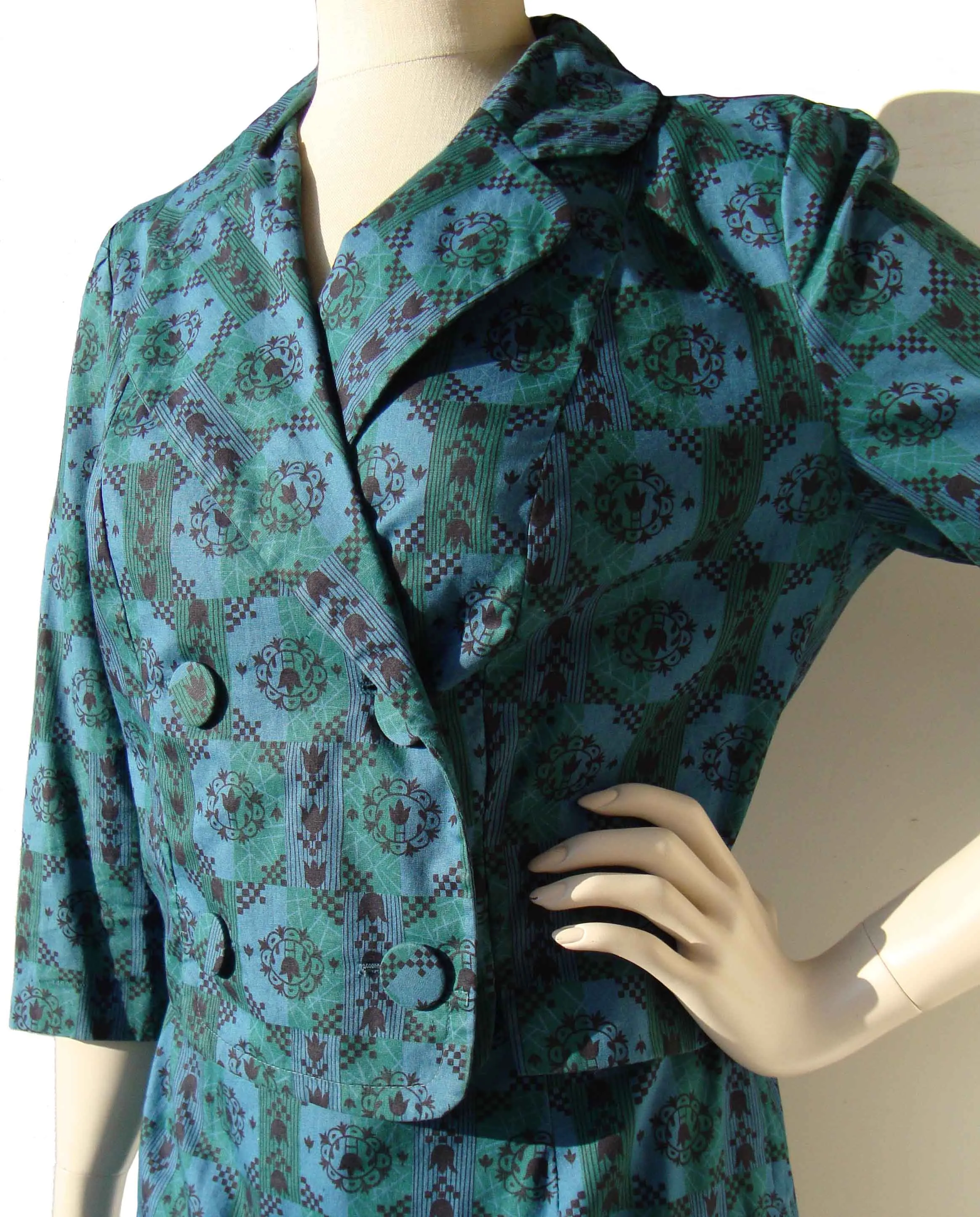 Vintage Ladies Suit Modernist Blue Green Bolero Jacket & Skirt M / L