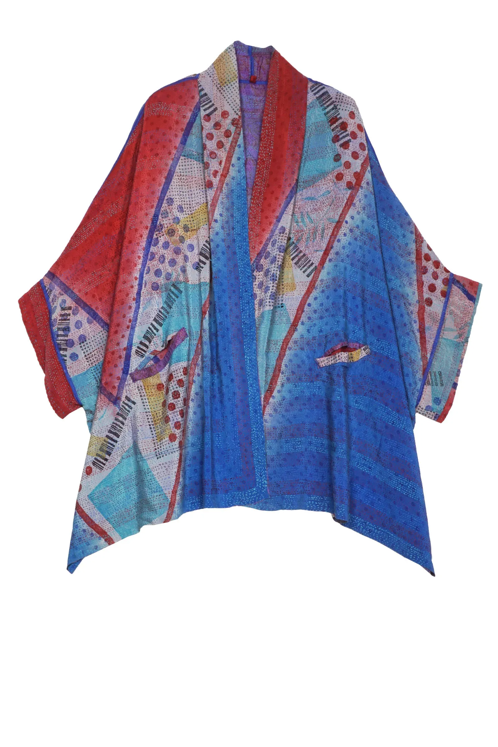 VINTAGE SILK GEORGETTE KANTHA DOUBLE COLLAR PONCHO - sg2323-0013a -