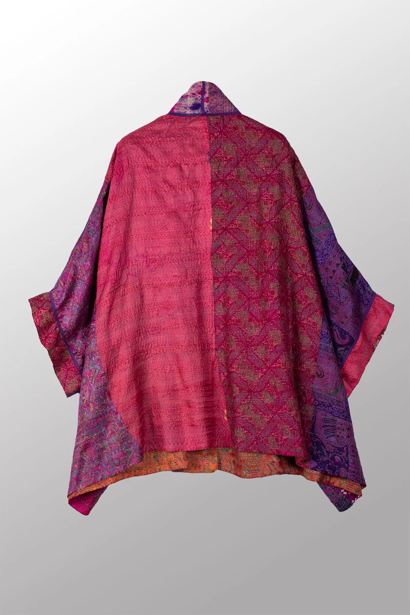 VINTAGE SILK KANTHA DOUBLE COLLAR PONCHO - sv2323-0009a -