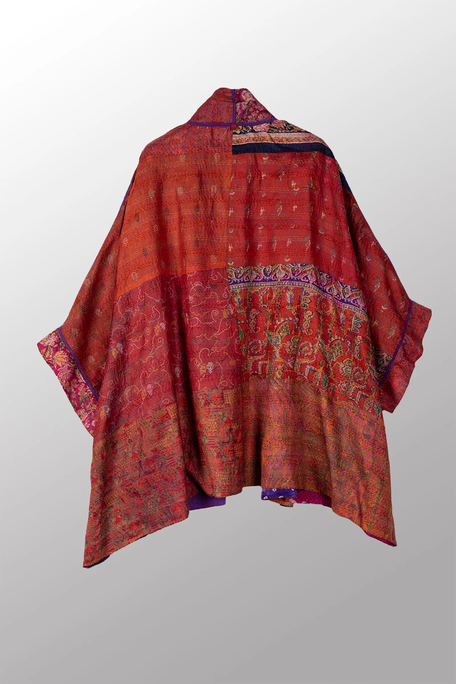 VINTAGE SILK KANTHA DOUBLE COLLAR PONCHO - sv2323-0009a -