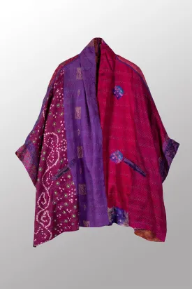 VINTAGE SILK KANTHA DOUBLE COLLAR PONCHO - sv2323-0009a -