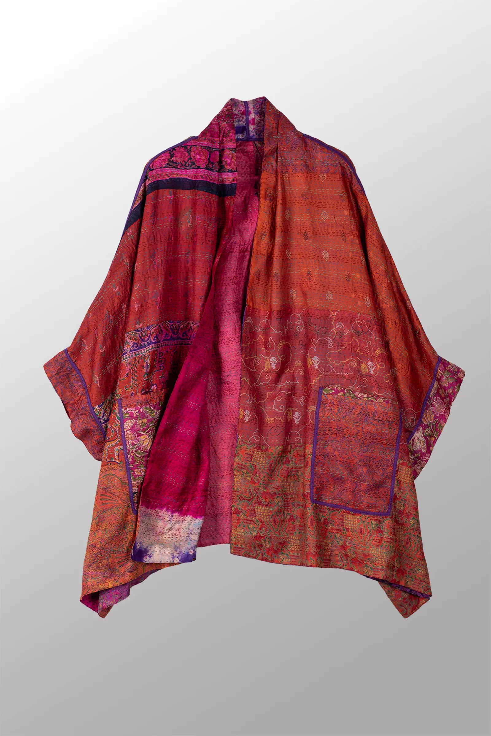 VINTAGE SILK KANTHA DOUBLE COLLAR PONCHO - sv2323-0009a -