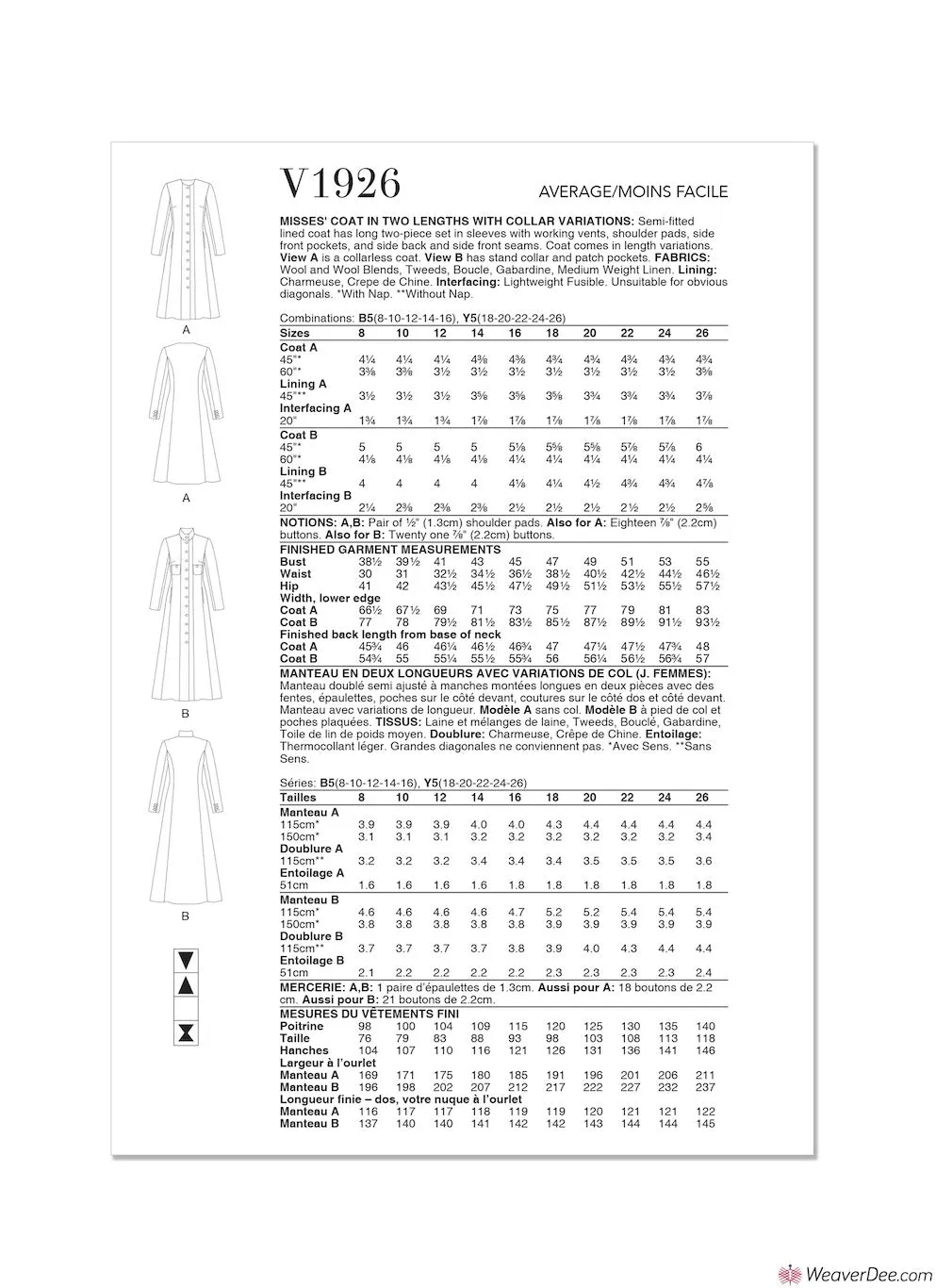 Vogue Pattern V1926 Misses' Coat in 2 Lengths with Collar Variations