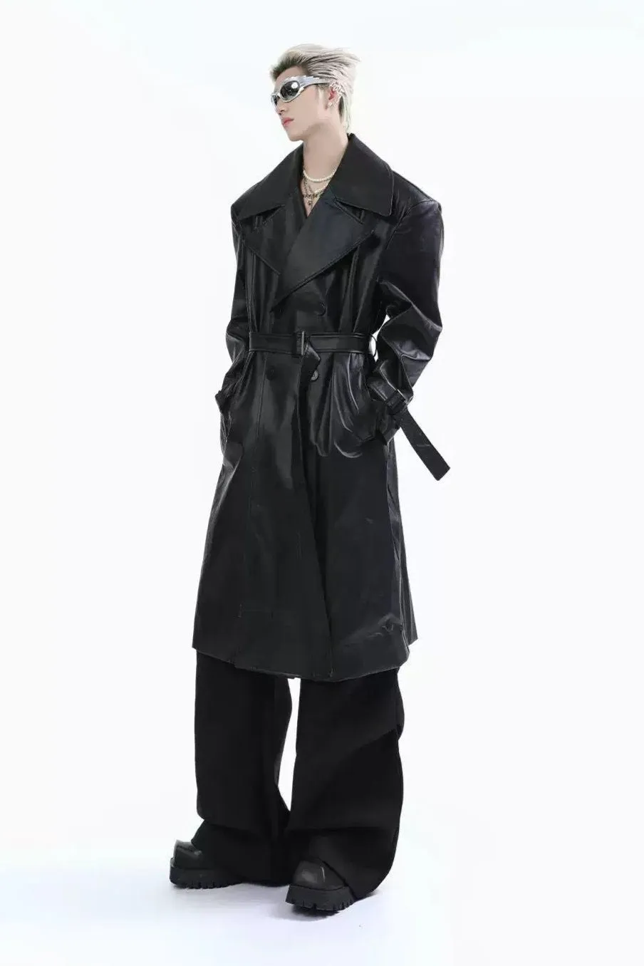 Waist Belt Leather Long Coat