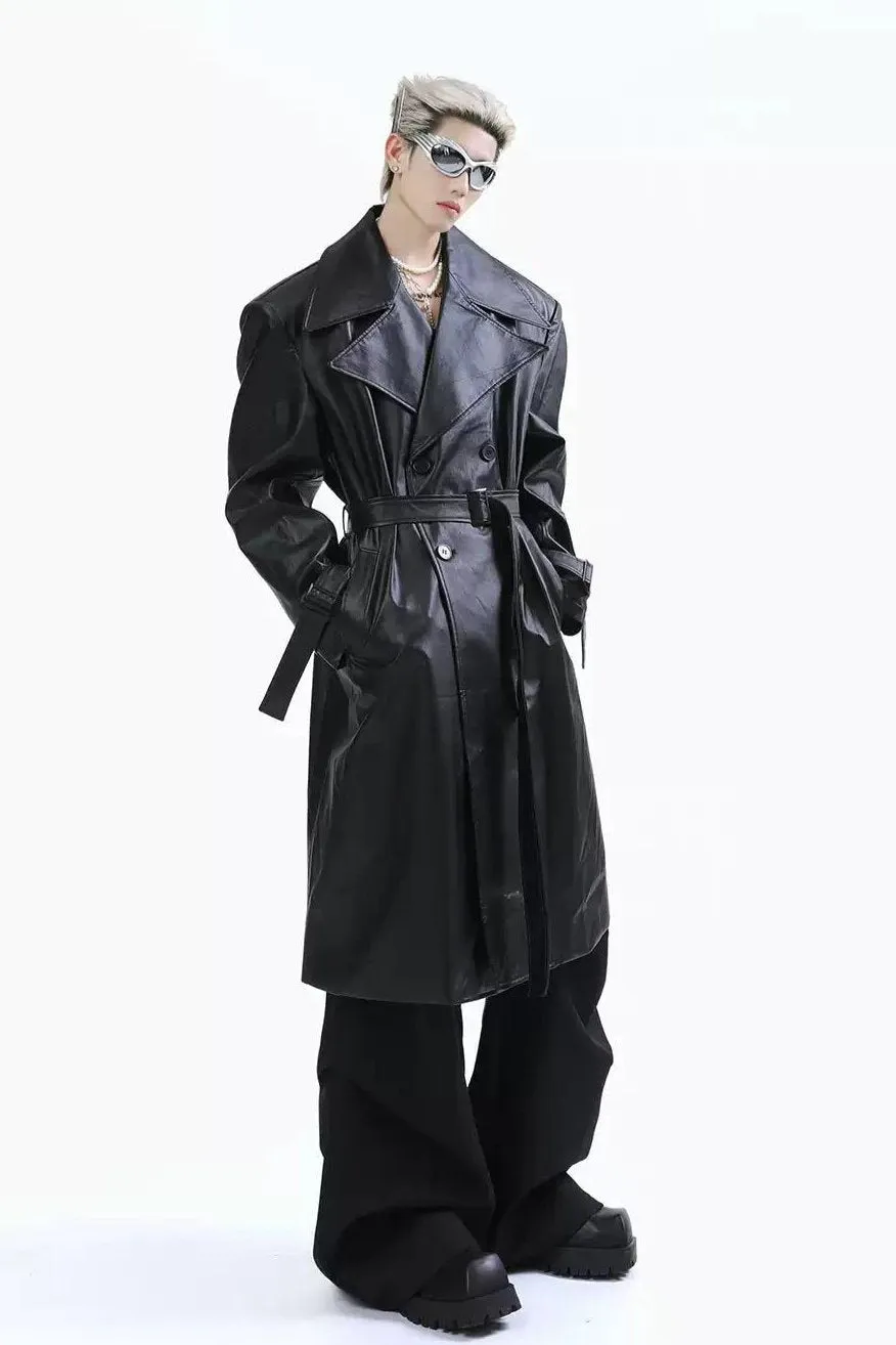 Waist Belt Leather Long Coat