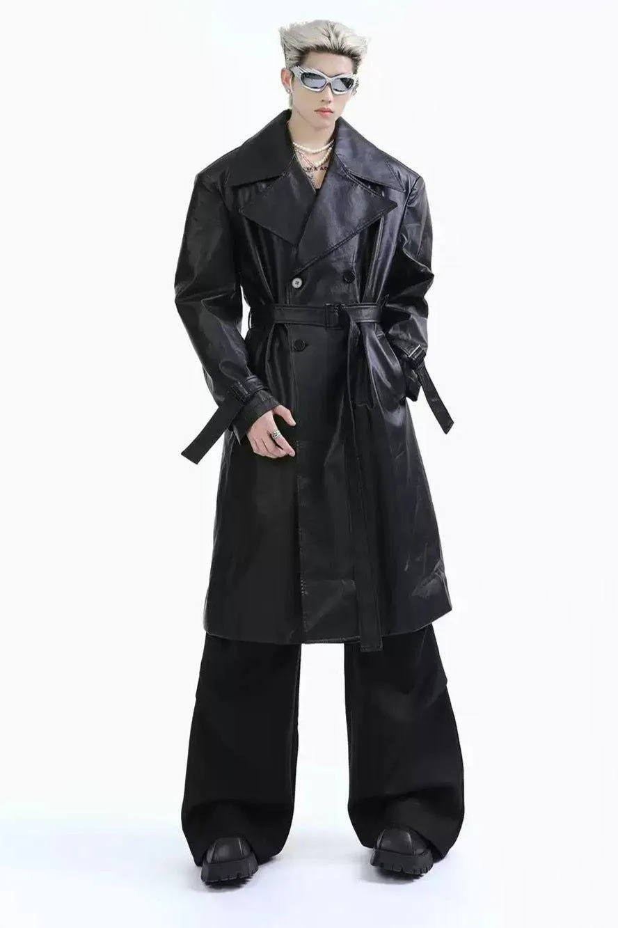 Waist Belt Leather Long Coat