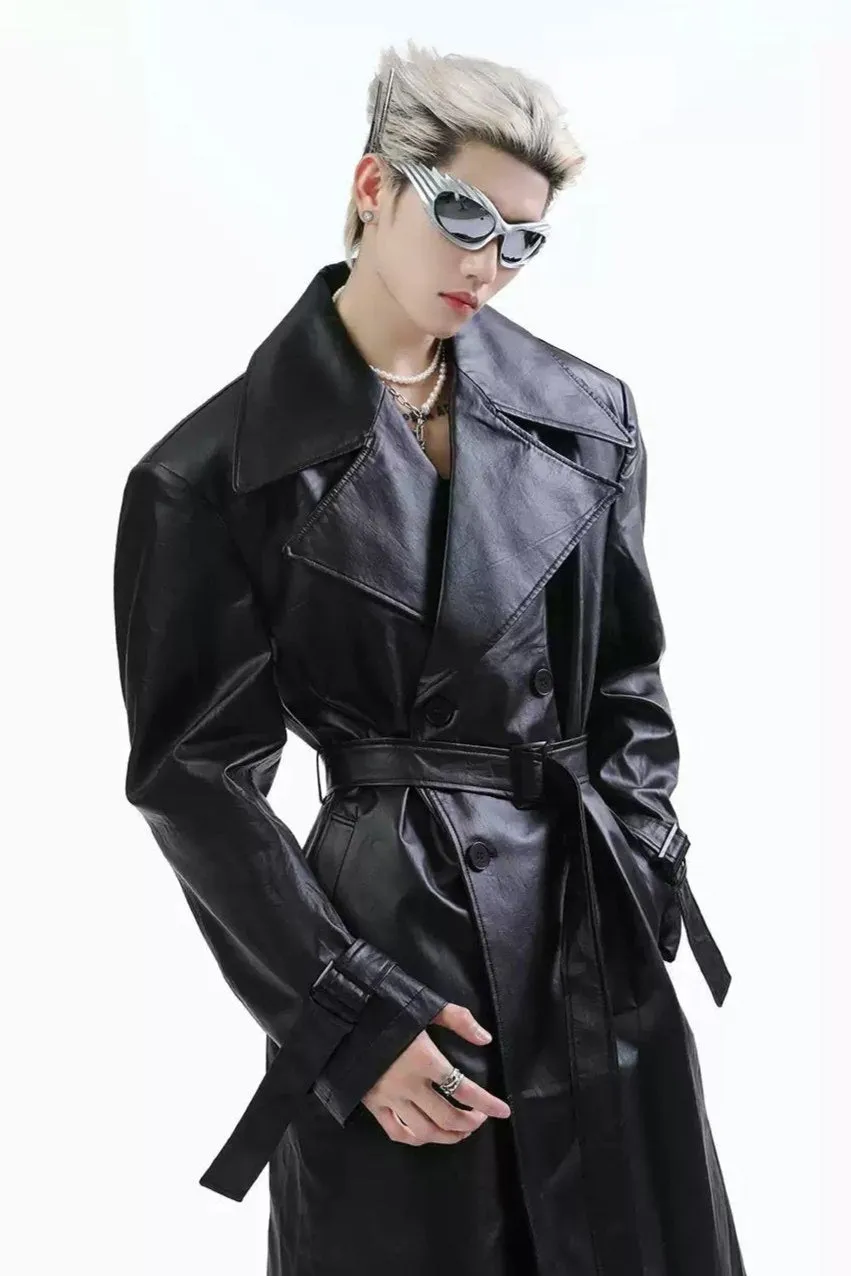 Waist Belt Leather Long Coat