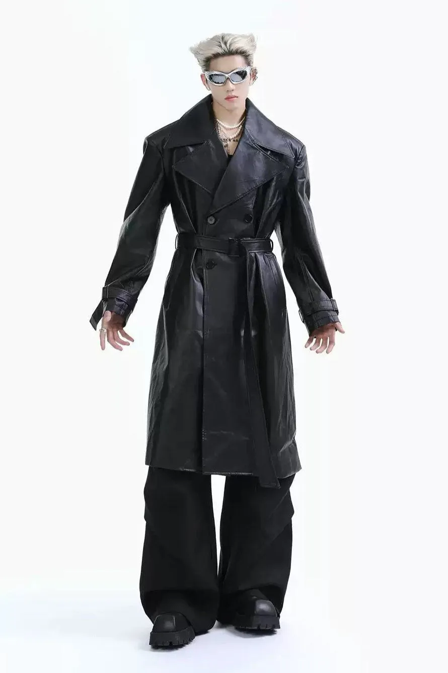 Waist Belt Leather Long Coat