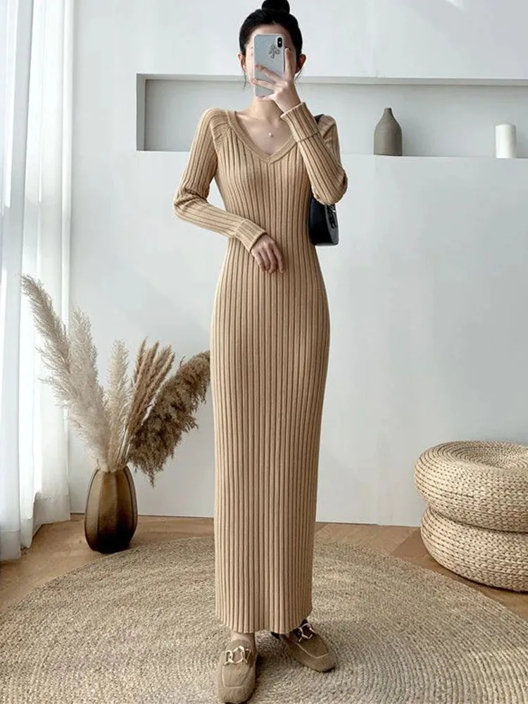 Zoki Elegant Solid Women Knitted Dress Simple Korean Slim Long Sleeve Ankle Length Dress Casual V Neck Office Ladies Chic Dress