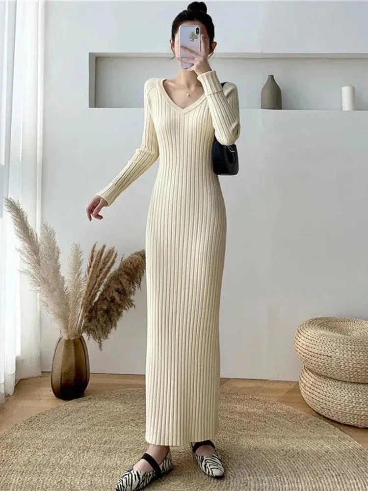 Zoki Elegant Solid Women Knitted Dress Simple Korean Slim Long Sleeve Ankle Length Dress Casual V Neck Office Ladies Chic Dress