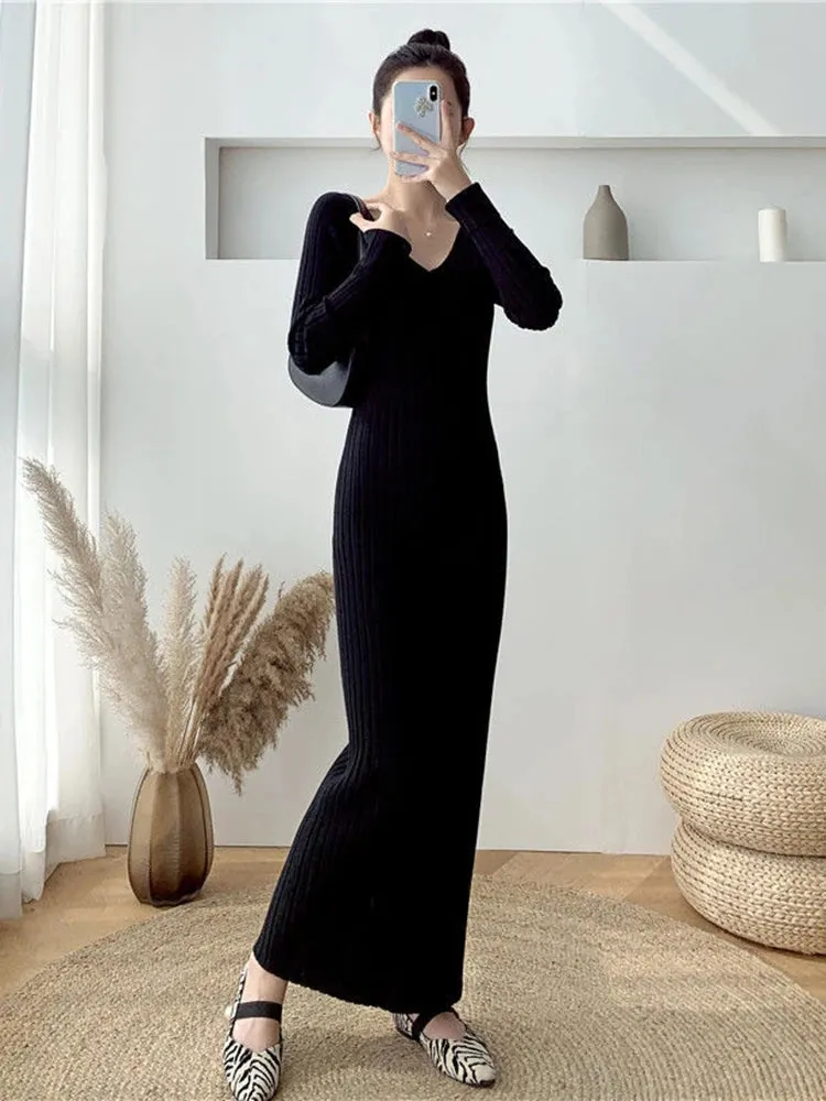 Zoki Elegant Solid Women Knitted Dress Simple Korean Slim Long Sleeve Ankle Length Dress Casual V Neck Office Ladies Chic Dress