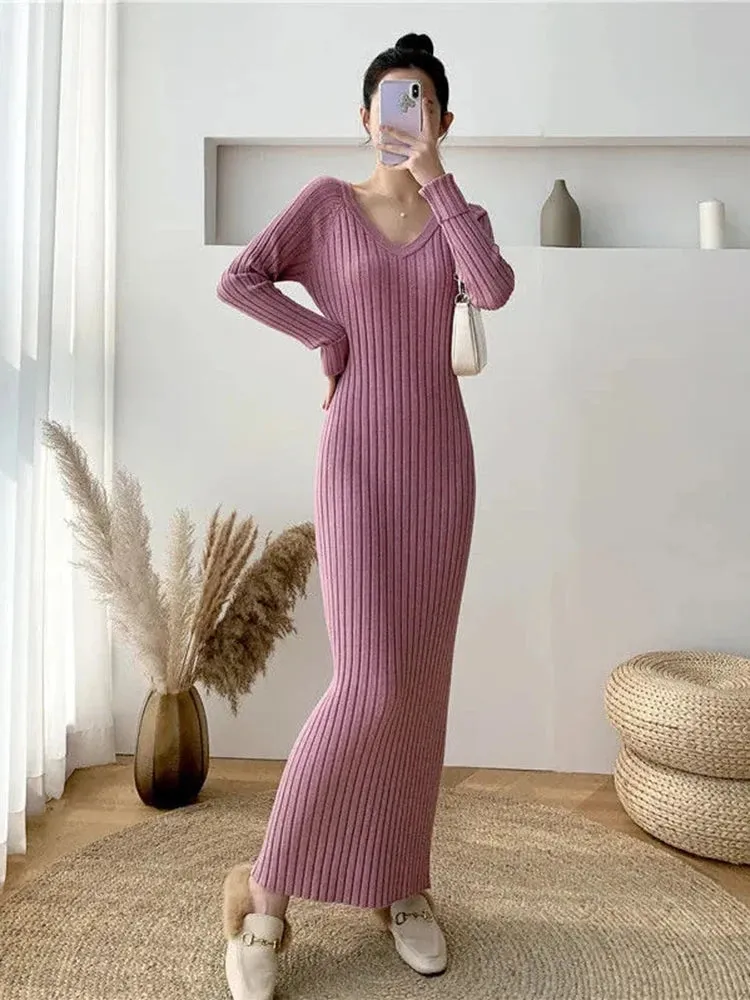 Zoki Elegant Solid Women Knitted Dress Simple Korean Slim Long Sleeve Ankle Length Dress Casual V Neck Office Ladies Chic Dress