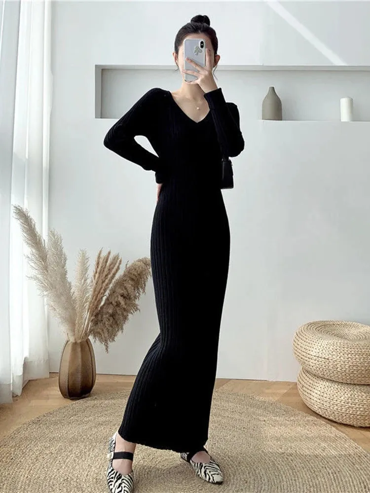 Zoki Elegant Solid Women Knitted Dress Simple Korean Slim Long Sleeve Ankle Length Dress Casual V Neck Office Ladies Chic Dress